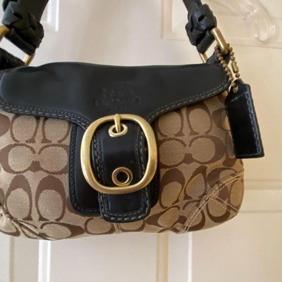 Small Brown Coach Baguette Bag In Signature Canvas Flap Buckle Signature Purse - Picture 2 of 5